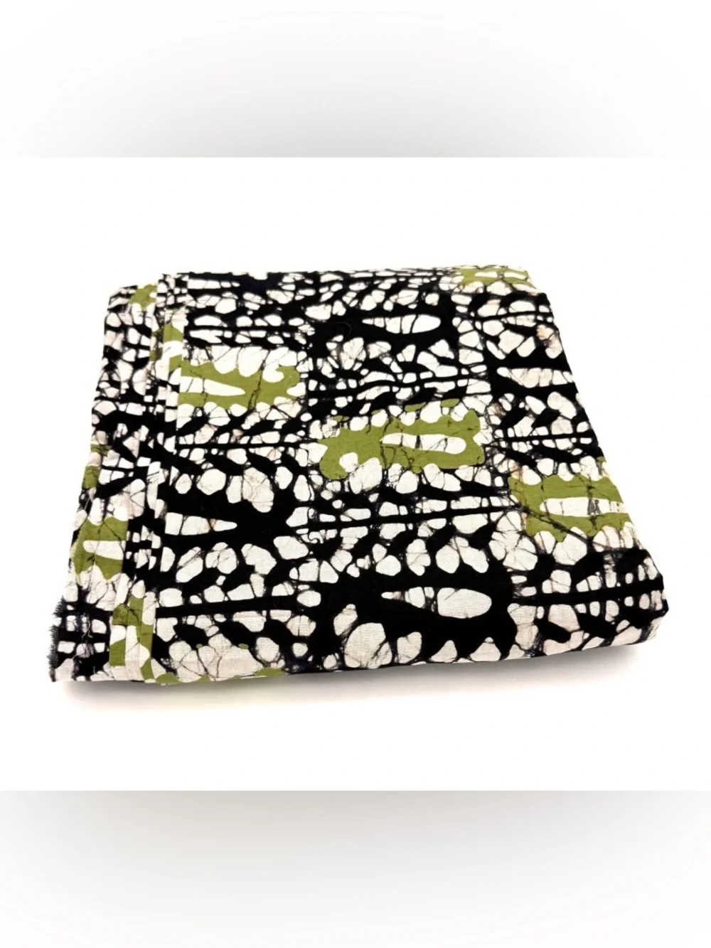 Hand Blocked Black, White & Olive Green Batik Cotton Cambric Fabric. 44” wide.